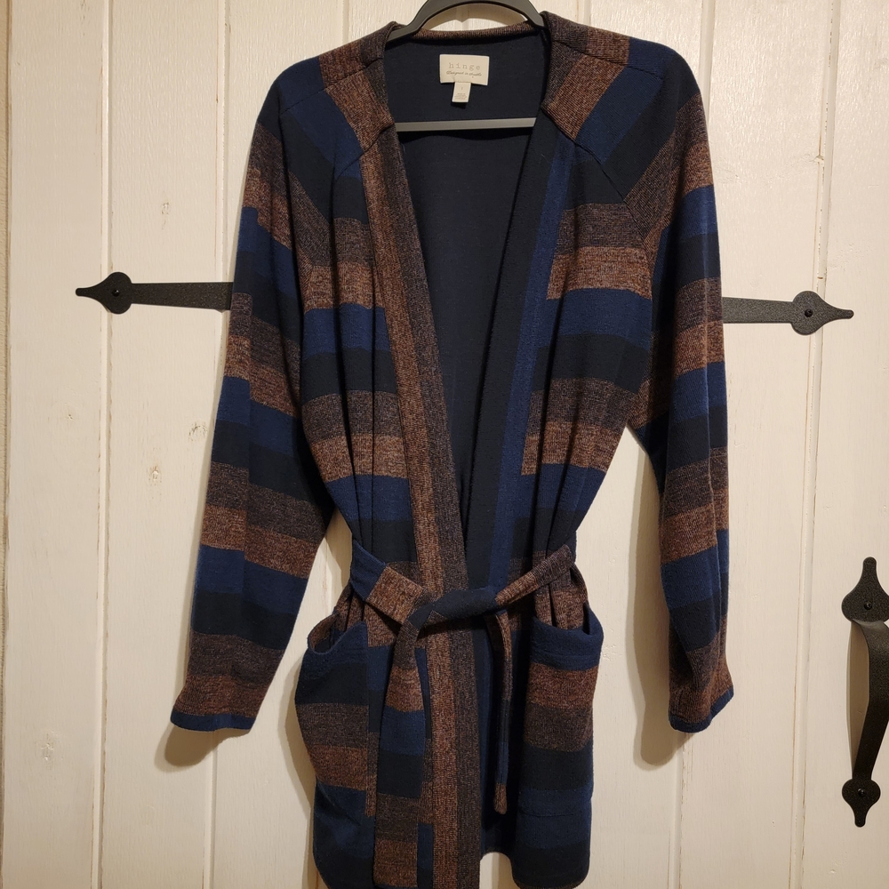 Hinge Cardigan Sweater Belted Blue Brown Knit Long Sleeve Size Large